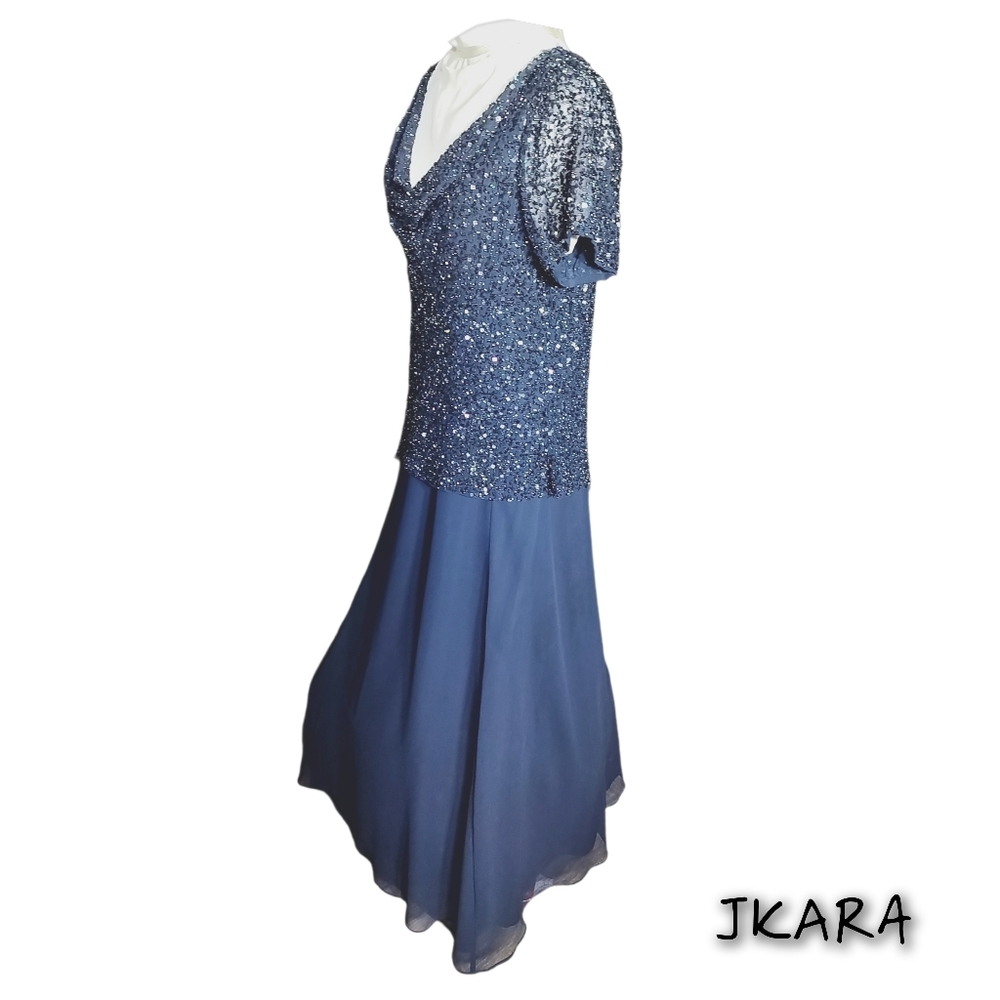 JKARA New York Blue Sequin Maxi Dress Draped Cowl Neck |  Formal Evening | Sz 8 - Picture 4 of 7